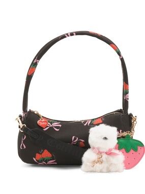 Juicy Couture Black Strawberry Print Mini Shoulder Bag with Plush Puppy Charm